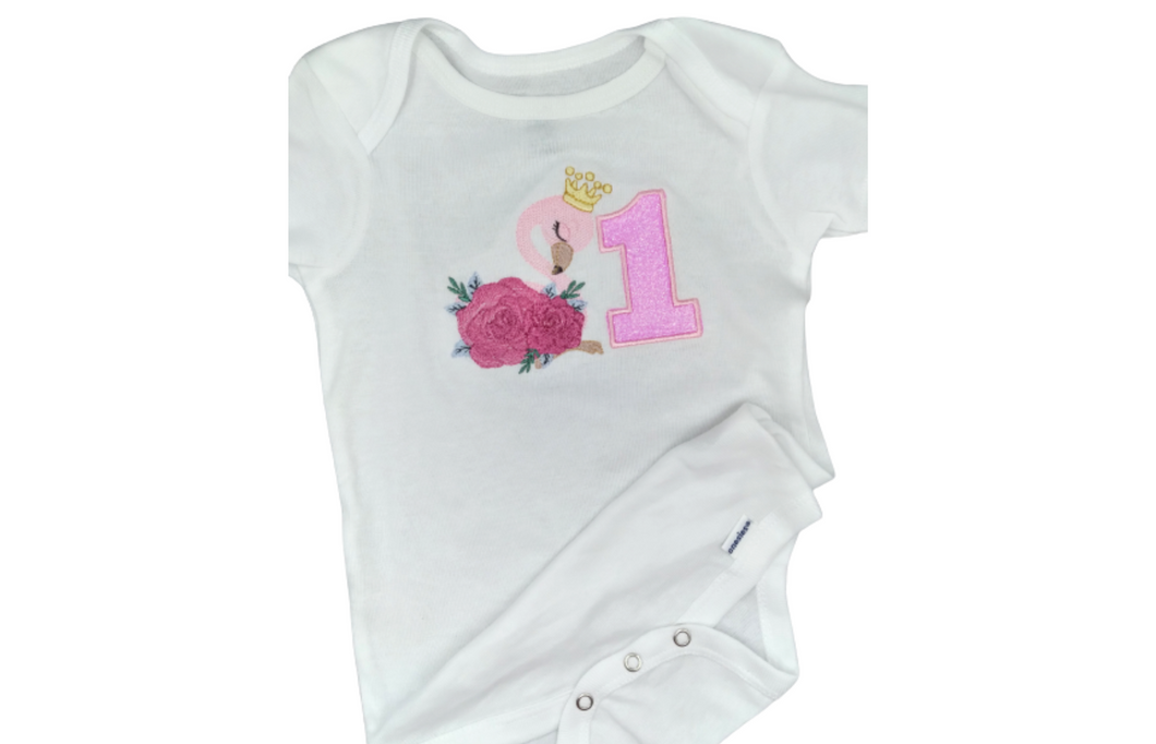 Flamingo Flowers  Embroidery  Design /Bodysuit/ Girl Embroidery/ 1st Birthday Bodysuit