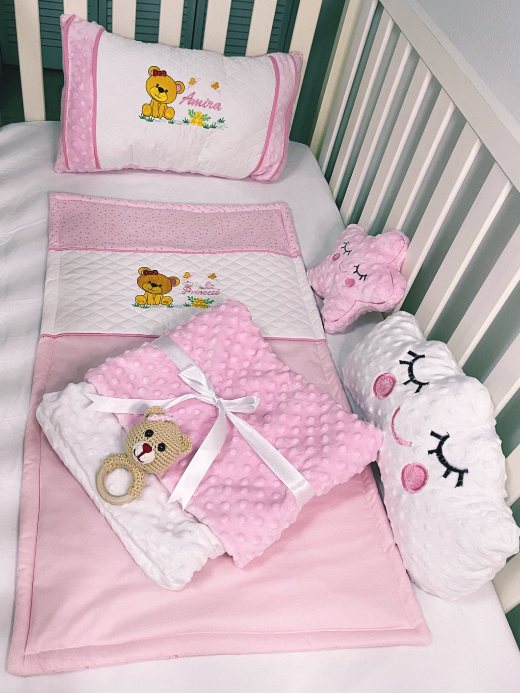 Baby Girl Bear Crib Bedding Set/Crib Bedding Set Girl/ Nursery Set/Bear Rattle/Blanket