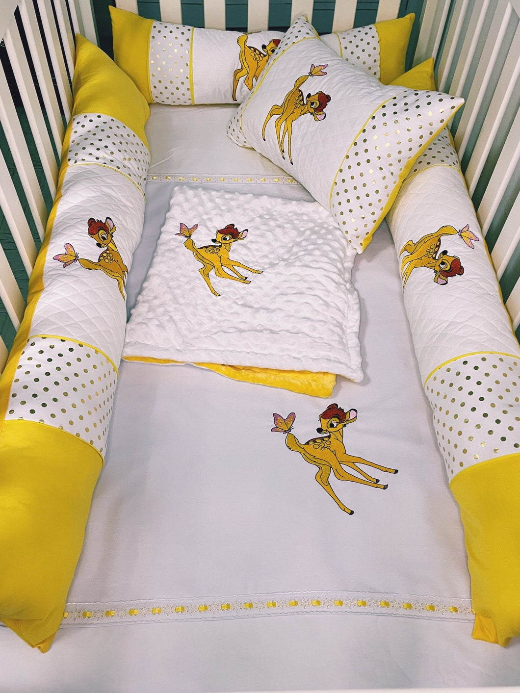 Bambi Crib Bedding Set/ Embroidered  Crib Bedding Set / Nursery Set/Bambi Quilt/ Bambi Nursery /Nursery Set/Embroidered Crib Set/Blanket